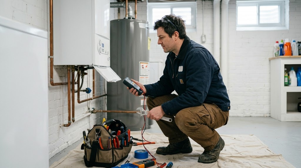 Technician servicing a residential gas heating boiler in an Oakland Gardens Queens basement