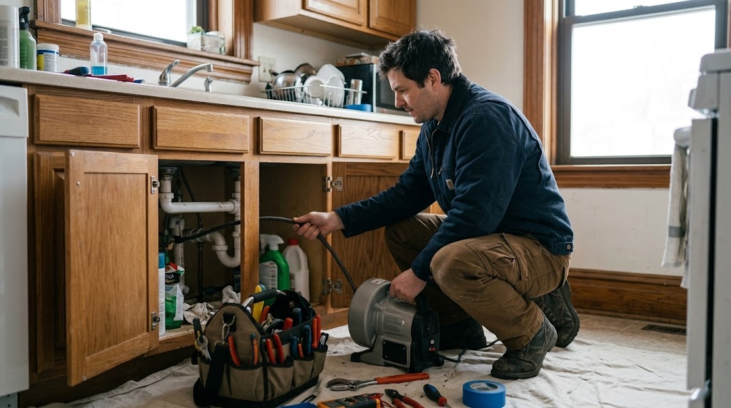 Technician operating commercial motorized drain cleaning auger in an Oakland Gardens residential home