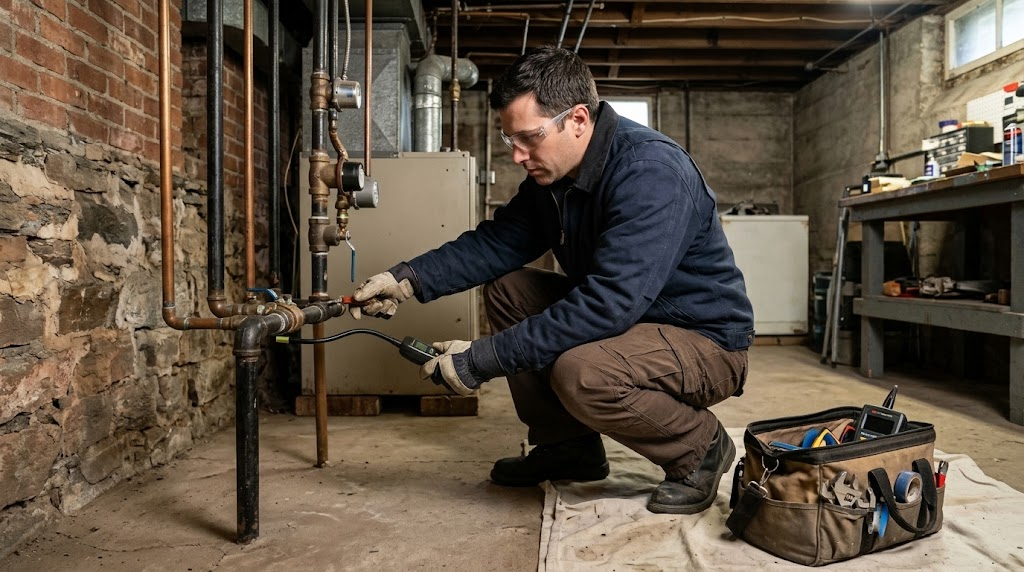 Technician conducting safety pressure testing and inspection on residential gas piping in Oakland Gardens Queens