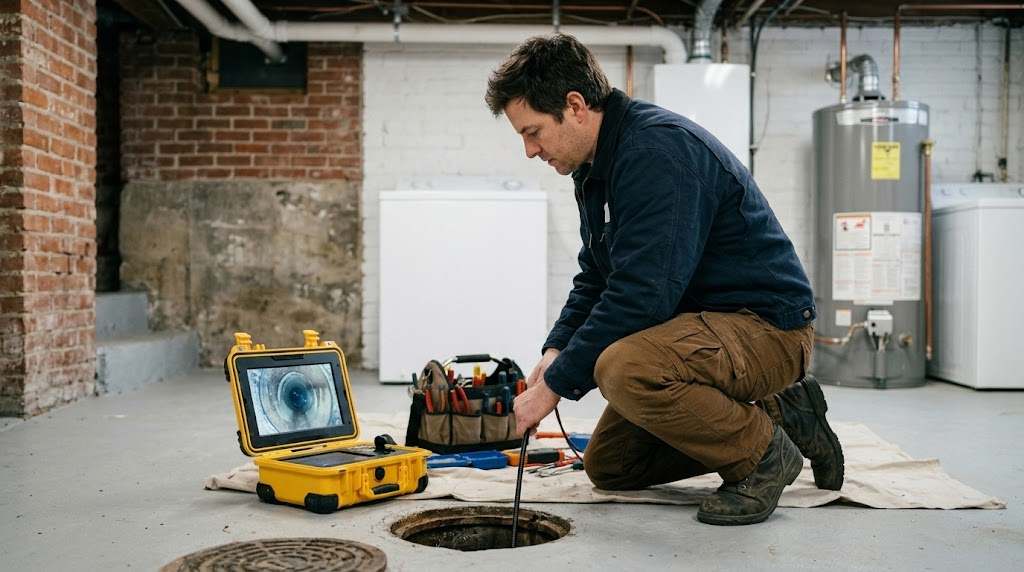 Technician performing fiber-optic camera inspection on a residential sewer lateral in Oakland Gardens Queens