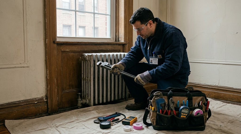 Technician repairing steam radiator valve and air vent in an Oakland Gardens residential home
