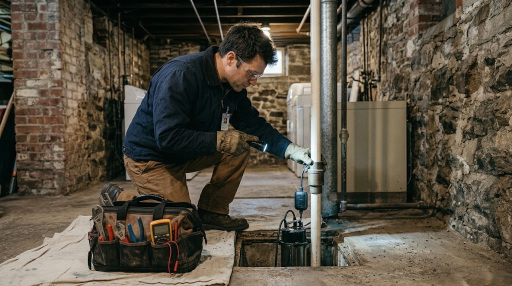 Technician testing a cast-iron submersible sump pump and check valve in an Oakland Gardens Queens basement