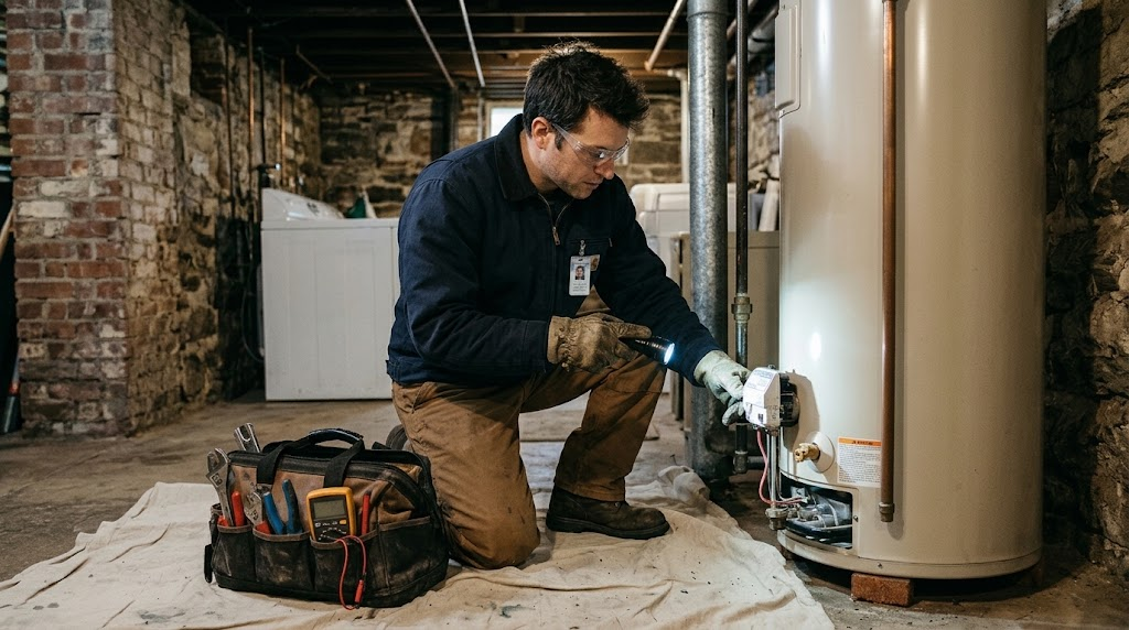 Technician testing temperature and pressure relief valve on a residential water heater in Oakland Gardens Queens